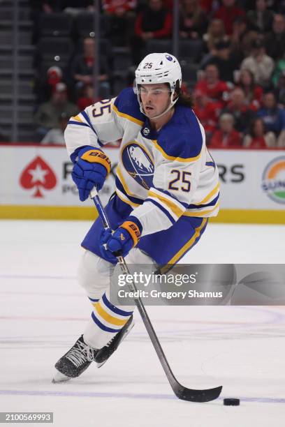 Owen Power of the Buffalo Sabres plays against the Detroit Red Wings at Little Caesars Arena on March 16, 2024 in Detroit, Michigan.