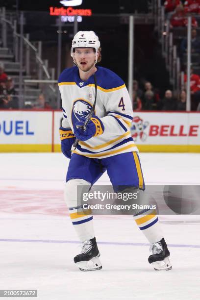 Bowen Byram of the Buffalo Sabres plays against the Detroit Red Wings at Little Caesars Arena on March 16, 2024 in Detroit, Michigan.