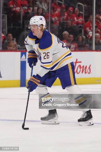 Rasmus Dahlin of the Buffalo Sabres plays against the Detroit Red Wings at Little Caesars Arena on March 16, 2024 in Detroit, Michigan.