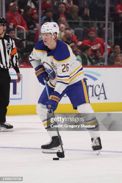 Rasmus Dahlin of the Buffalo Sabres plays against the Detroit Red Wings at Little Caesars Arena on March 16, 2024 in Detroit, Michigan.