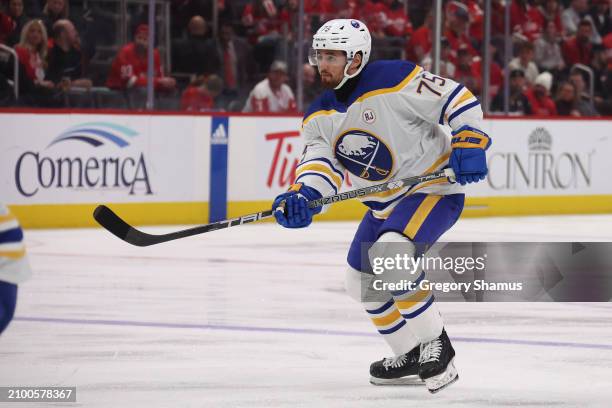 Connor Clifton of the Buffalo Sabres plays against the Detroit Red Wings at Little Caesars Arena on March 16, 2024 in Detroit, Michigan.