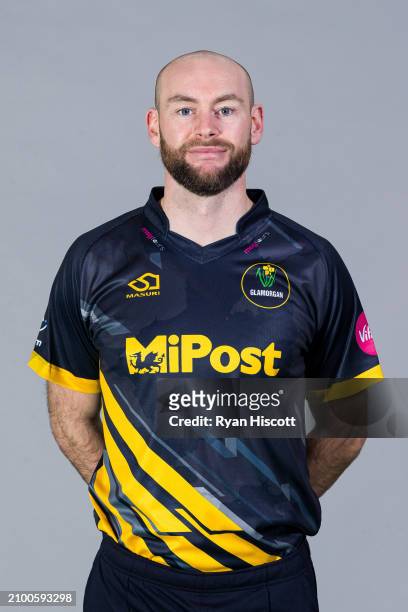 Jamie McIlroy of Glamorgan poses for a portrait during the Glamorgan CCC photocall at Sophia Gardens on March 18, 2024 in Cardiff, Wales.