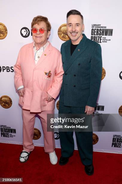 Elton John and David Furnish attend the Library Of Congress 2024 Gershwin Prize For Popular Song at DAR Constitution Hall on March 20, 2024 in...