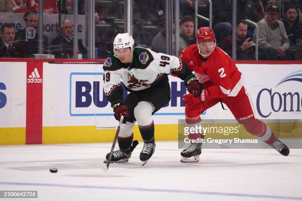 John Leonard of the Arizona Coyotes plays against the Detroit Red Wings at Little Caesars Arena on March 14, 2024 in Detroit, Michigan.