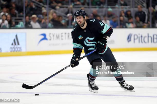 Justin Schultz of the Seattle Kraken skates against the Buffalo Sabres during the second period at Climate Pledge Arena on March 18, 2024 in Seattle,...