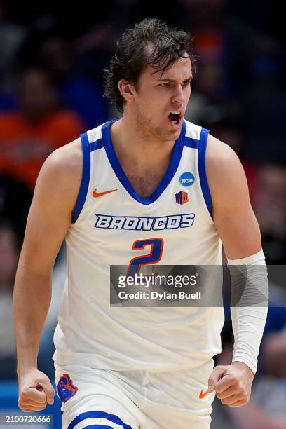 Tyson Degenhart of the Boise State Broncos celebrates a basket against the Colorado Buffaloes during the second half in the First Four game of the...