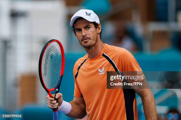 Andy Murray of Great Britain celebrates during his match against Matteo Berrettini of Italy in the first round of the Miami Open at the Hard Rock...