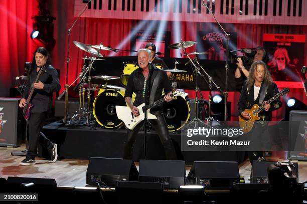 Robert Trujillo, James Hetfield, Lars Ulrich, and Kirk Hammett of Metallica perform onstage during the Library Of Congress 2024 Gershwin Prize For...