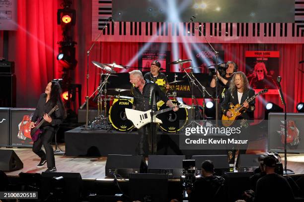 Robert Trujillo, James Hetfield, Lars Ulrich, and Kirk Hammett of Metallica perform onstage during the Library Of Congress 2024 Gershwin Prize For...