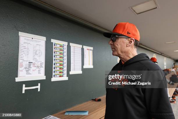 Manager Bob Melvin of the San Francisco Giants in the dugout before a spring training game against the Oakland Athletics at HoHoKam Stadium on...