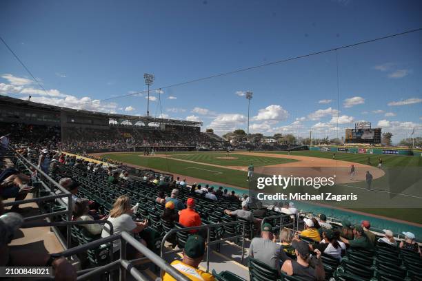 View of HoHoKam Stadium during a spring training game between the Oakland Athletics and the San Francisco Giants on February 28, 2024 in Mesa,...