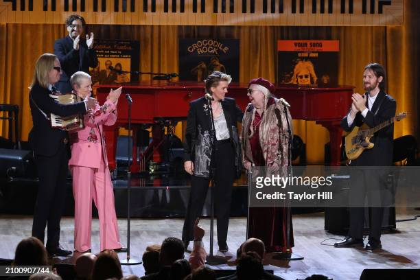 Kim Bullard, Annie Lennox, Brandi Carlile, Joni Mitchell, and Blake Mills perform during the 2024 Gershwin Prize for Popular Song presentation to...