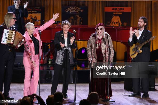 Kim Bullard, Annie Lennox, Brandi Carlile, Joni Mitchell, and Blake Mills perform during the 2024 Gershwin Prize for Popular Song presentation to...