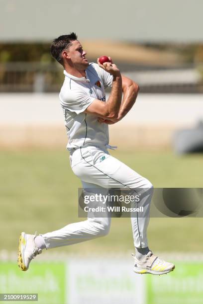 Beau Webster of Tasmania bowls during day one of the Sheffield Shield Final match between Western Australia and Tasmania at WACA, on March 21 in...