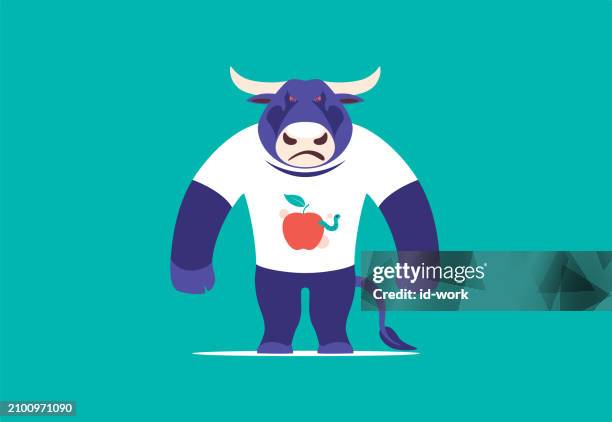 angry bull in white t-shirt - apple logo stock illustrations