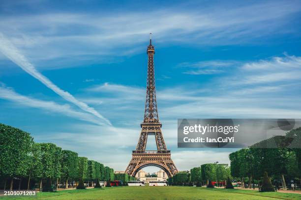 sunny day at champ de mars with eiffel tower, paris, france - eiffeltornet bildbanksfoton och bilder