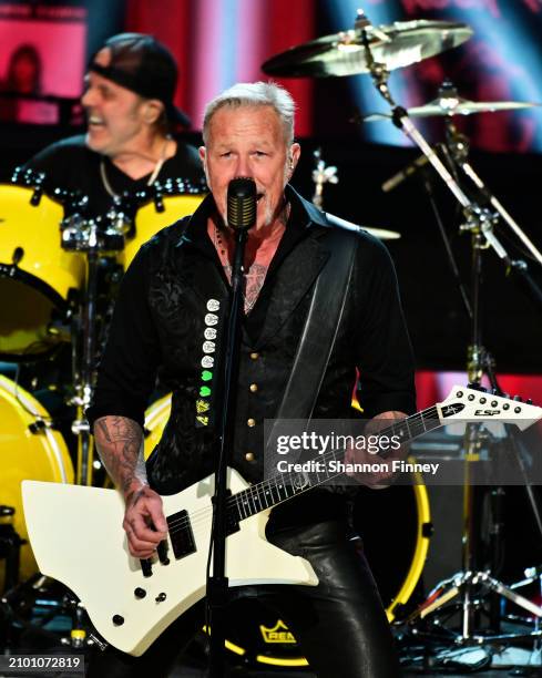 Lars Ulrich and James Hetfield of the band Metallica perform at the 2024 Library of Congress Gershwin Prize for Popular Song on March 20, 2024 at DAR...