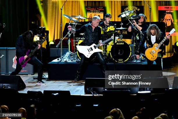 Guitarist Robert Trujillo, guitarist/singer James Hetfield, drummer Lars Ulrich, and guitarist Kirk Hammett of the band Metallica perform at the 2024...