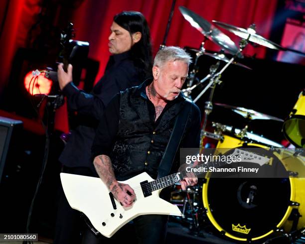 Robert Trujillo and James Hetfield of the band Metallica perform at the 2024 Library of Congress Gershwin Prize for Popular Song on March 20, 2024 at...