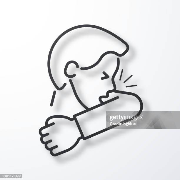 cough or sneeze into elbow. line icon with shadow on white background - sneezing stock illustrations