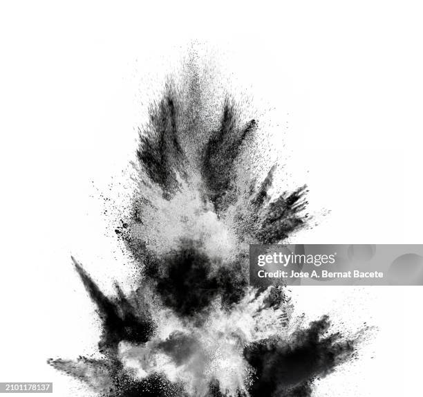 multiple explosions of smoke and dust in upward movement on a white background. - detonator stock pictures, royalty-free photos & images