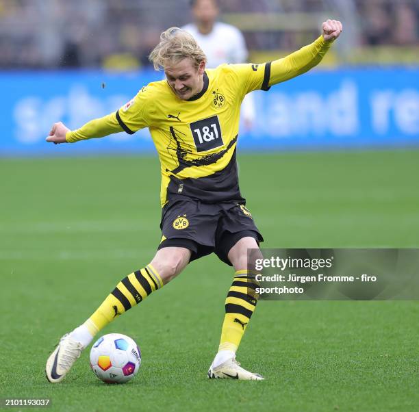 Julian Brandt of BVB plays the ball during the Bundesliga match between Borussia Dortmund and Eintracht Frankfurt at Signal Iduna Park on March 17,...