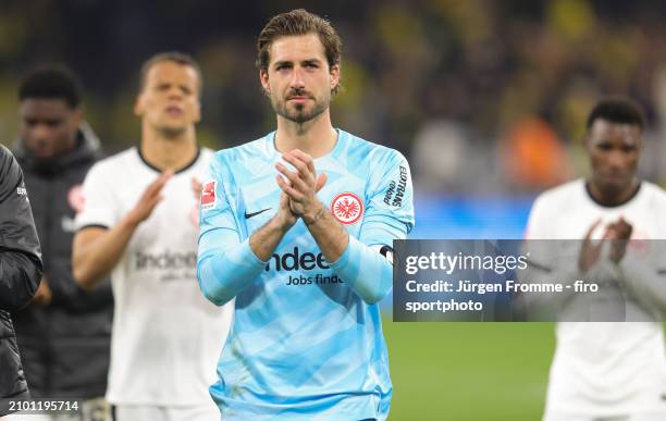 Kevin Trapp of Eintracht gestures after the Bundesliga match between Borussia Dortmund and Eintracht Frankfurt at Signal Iduna Park on March 17, 2024...