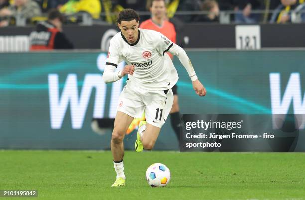 Hugo Ekitike of Frankfurt plays the ball during the Bundesliga match between Borussia Dortmund and Eintracht Frankfurt at Signal Iduna Park on March...