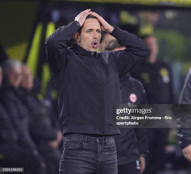 Dino Toppmöller coach of Frankfurt gestures during the Bundesliga match between Borussia Dortmund and Eintracht Frankfurt at Signal Iduna Park on...