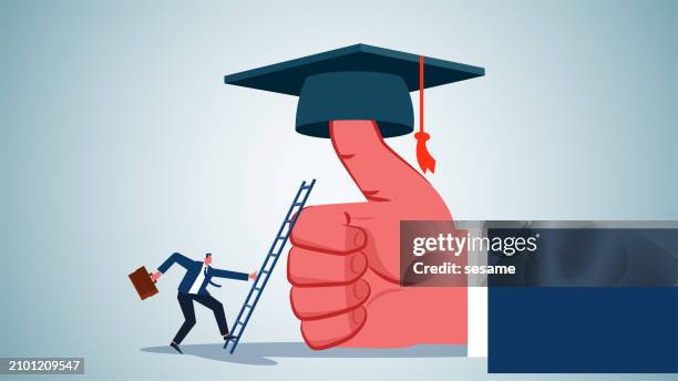 getting higher and better academics and education, self-study education and self-improvement, businessmen climbing ladders to climb to pick the graduation cap on their giant thumbs - trains moving forward stock illustrations