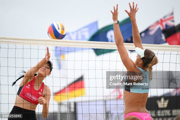 Katie Sadlier of New Zealand plays a shot with Meile Rose Green of New Zealand against Olivia MacDonald and Kiana Stevenson of New Zealand during the...