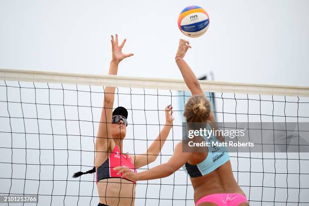 Katie Sadlier of New Zealand plays a shot with Meile Rose Green of New Zealand against Olivia MacDonald and Kiana Stevenson of New Zealand during the...