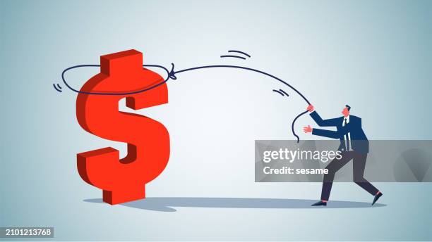 seizing money, seizing opportunities, pursuing more income or higher profits, business challenges and incentives, businessmen taking a lasso to huge dollar signs - lasso stock illustrations