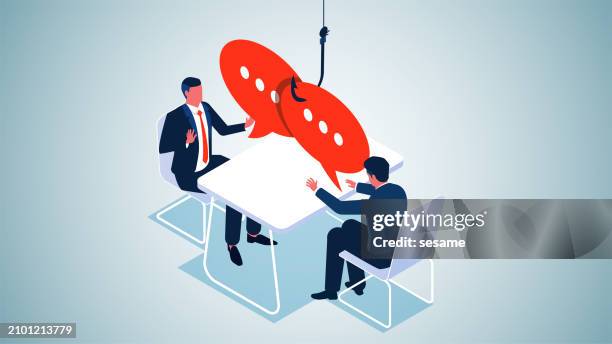 pitfalls in conversation, loopholes in negotiation and speech, liar or fraudster, isometric two businessmen negotiating while sitting at a fishhooked speech foam table - marriage counseling stock illustrations
