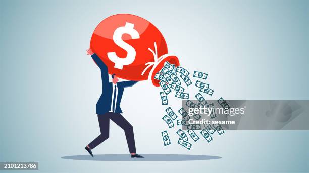 businessmen pour out a lot of money from inside their money bags, income or profit, investment or return on investment, tax, tax or debt or financial problems - money to burn stock illustrations