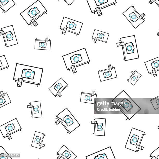 tv with camera. seamless pattern. line icons on white background - photo shoot vector stock illustrations