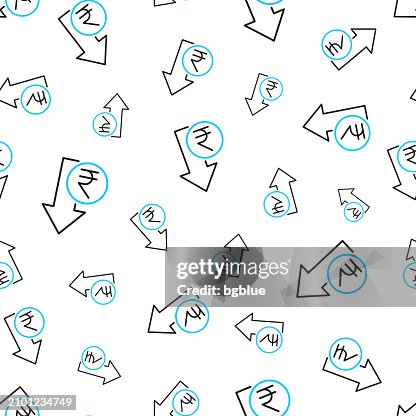 Indian rupee decrease. Seamless pattern. Line icons on white background Indian rupee decrease. Seamless pattern. Line icons on white background