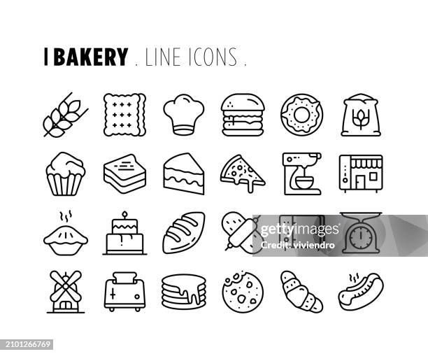 ilustraciones, imágenes clip art, dibujos animados e iconos de stock de conjunto de iconos de línea de panadería. trazo editable. pixel perfecto. - fabricación de galletas