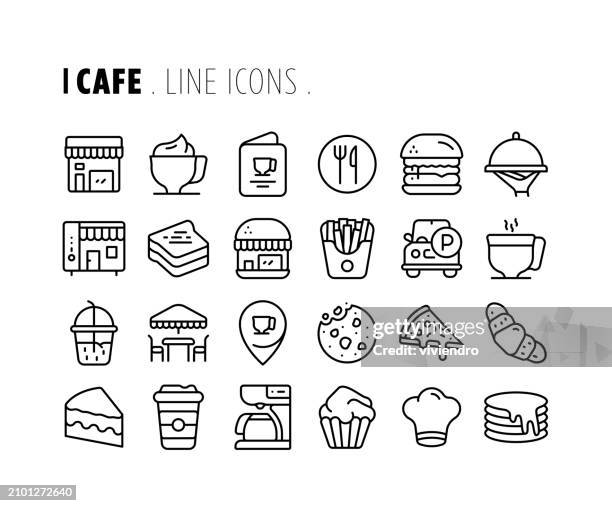 cafe line icon set. editable stroke. pixel perfect. - modern restaurant interior stock illustrations