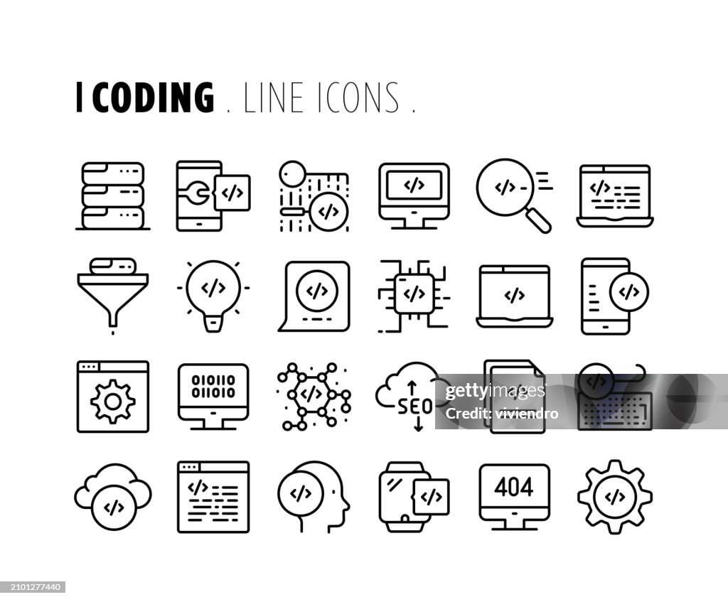 Coding Line Icon Set. Editable Stroke. Pixel Perfect.