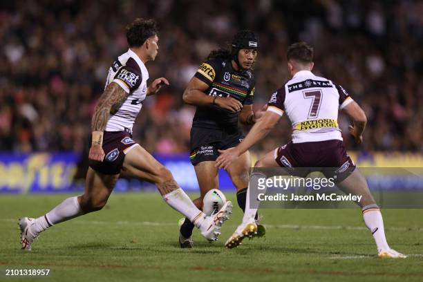 Jarome Luai of the Panthers kicks during the round three NRL match between Penrith Panthers and Brisbane Broncos at BlueBet Stadium on March 21, 2024...