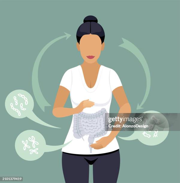 radiant woman with optimized gut flora balance. - woman intestine stock illustrations