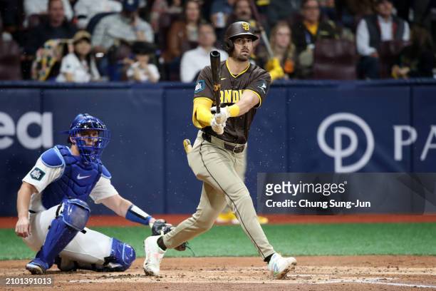 Tyler Wide of the San Diego Padres hits a RBI single in the 1st inning during the 2024 Seoul Series game between San Diego Padres and Los Angeles...