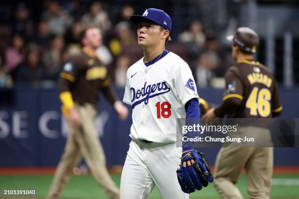 Yoshinobu Yamamoto of the Los Angeles Dodgers reacts after the 1st inning during the 2024 Seoul Series game between San Diego Padres and Los Angeles...
