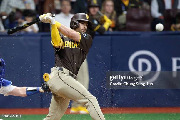 Tyler Wade of the San Diego Padres hits a RBI single in the 1st inning during the 2024 Seoul Series game between San Diego Padres and Los Angeles...