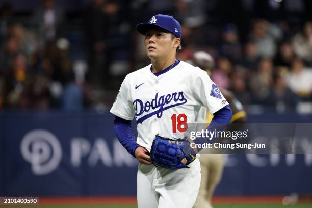 Yoshinobu Yamamoto of the Los Angeles Dodgers reacts after the 1st inning during the 2024 Seoul Series game between San Diego Padres and Los Angeles...