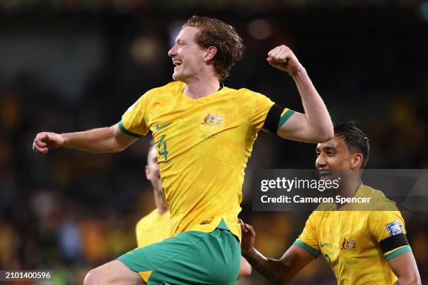 Kye Rowles of Australia celebrates scoring a goal during the FIFA World Cup 2026 Qualifier match between Australia Socceroos and Lebanon at CommBank...