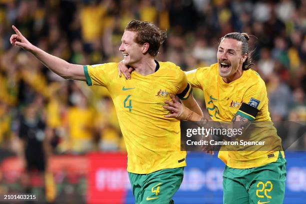 Kye Rowles of Australia celebrates scoring a goal with Jackson Irvine of the Socceroos during the FIFA World Cup 2026 Qualifier match between...