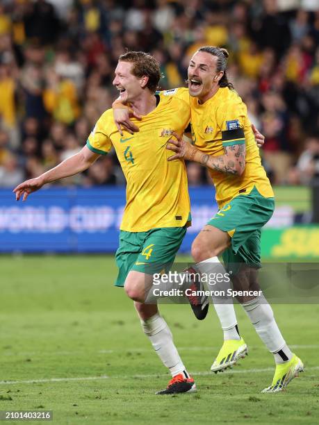 Kye Rowles of Australia celebrates scoring a goal with Jackson Irvine of the Socceroos during the FIFA World Cup 2026 Qualifier match between...