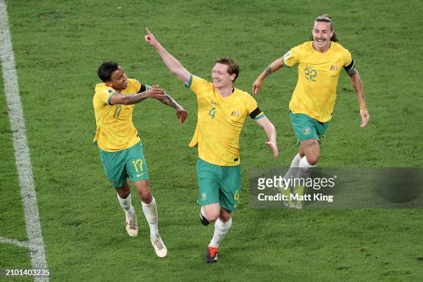 Kye Rowles of the Socceroos celebrates with team mates after scoring a goal during the FIFA World Cup 2026 Qualifier match between Australia...